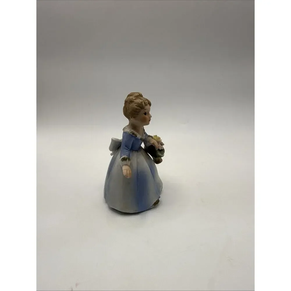 Vintage Ceramic Figurine Girl in Blue & White Dress Holding Flowers Japan *